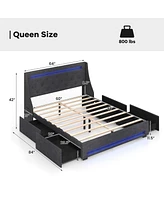 Queen Size Upholstered Platform Bed Frame with Led Lights and Charging Station-Grey