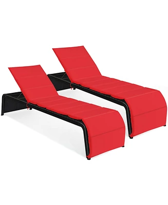 2 Pcs Patio Rattan Lounge Chair Chaise Recliner Back Adjustable Cushioned