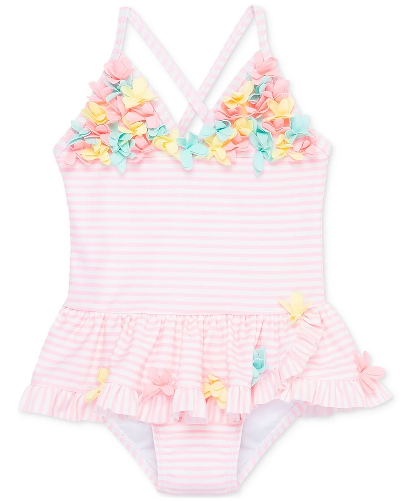 Little Me Baby Girls Floral-Trim Striped One-Piece Swimsuit