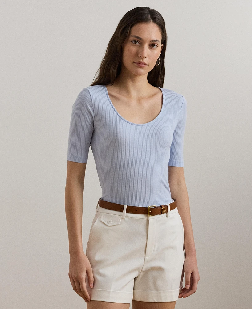 Lauren Ralph Women's Rib-Knit Cotton-Blend Elbow-Sleeve Tee