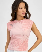 Guess Women's Pleated-Waist Palm-Print Brooch-Detail Top