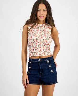 Guess Women's Claire Floral-Print Cropped Smocked Top