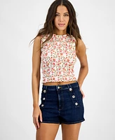 Guess Women's Claire Floral-Print Cropped Smocked Top