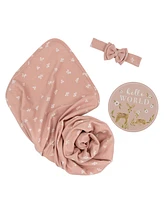 Living Textiles Baby Girls 3-Piece Dusty Rose Print Hello World Gift Set