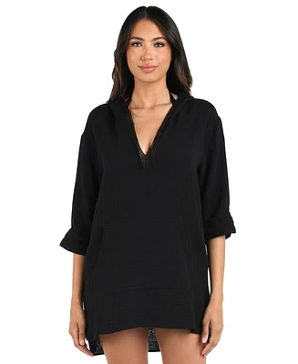 La Blanca Women's Seaside Hoodie with Kangaroo Pocket & Crochet Edging Detail Cover-Up
