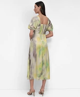 Dkny Women's Printed Ruched-Front Puff-Sleeve Dress