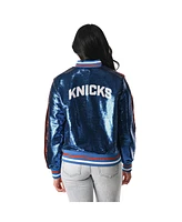 The Wild Collective Women's Blue New York Knicks Sequin Bomber Full-Zip Jacket