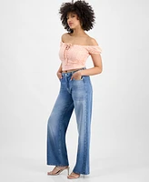 Guess Women's Braided-Waist Wide-Leg High-Rise Jeans
