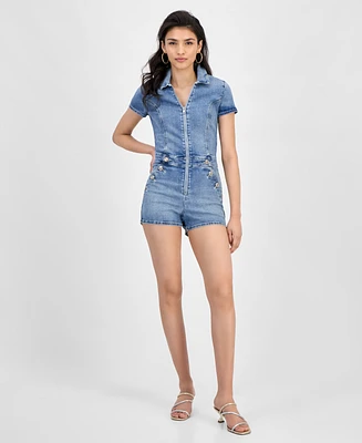 Guess Women's Janae Collared Zip-Front Denim Romper