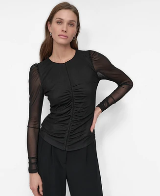 Dkny Women's Front-Ruched Sheer-Sleeve Crewneck Mesh Top