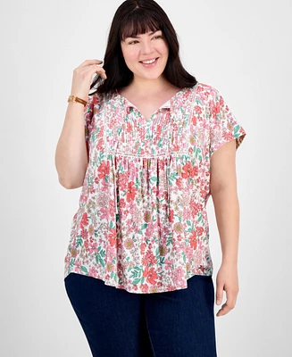 Tommy Hilfiger Plus Floral-Print Pintucked Top, Exclusively at Macy's