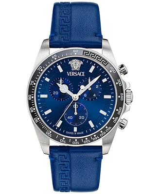 Versace Men's Swiss Chronograph Greca Blue Leather Strap Watch 43mm