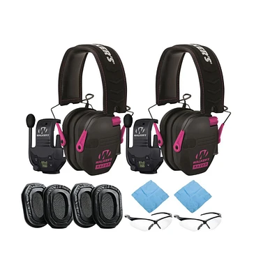 Walkers Razor Slim Electronic Muff (Black/Pink) Bundle with Walkie-Talkie Attachments Gel Filled Earpad Shooting Glasses and Microfiber Cleaning Cloth