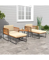 Gymax 5 Pcs Acacia Wood Patio Furniture Set w/ Ottomans Soft Cushions & Coffee Table