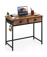 Space-Saving Home Office Desk with 2 Fabric Drawers and 4 Hanging Hooks for Organized Workspace