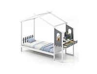 Bed Frame with House Roof Canopy and Fence for Kids