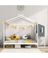 Bed Frame with House Roof Canopy and Fence for Kids
