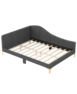 Rivet-Tufted Platform Bed with Metal Legs and Wood Slats