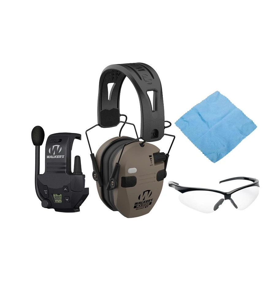 Walkers Razor Slim Quad Electronic Earmuffs with Bluetooth Technology (Fde) Bundle with Walkie Talkie and Glasses