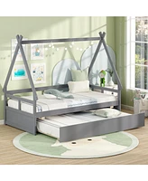 Playful House Bed with Trundle and Secure Guardrail for Children