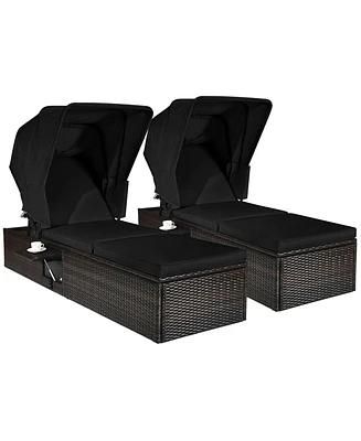 2PCS Patio Rattan Lounge Chair Chaise Cushion Canopy Adjustable Tea Table