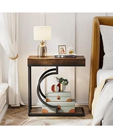 Tribesigns Narrow Side Table, C Shaped End Table Rustic Bedside Table Small Side Table for Couch