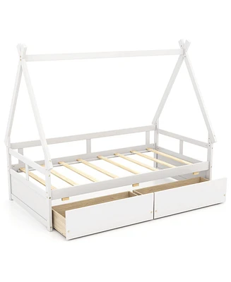 Wooden House Bed with Roof Design and Secure Guardrail
