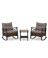 3 Pcs Patio Rocker Set with 2-Tier Coffee Table & Soft Seat Back Cushions Outdoor
