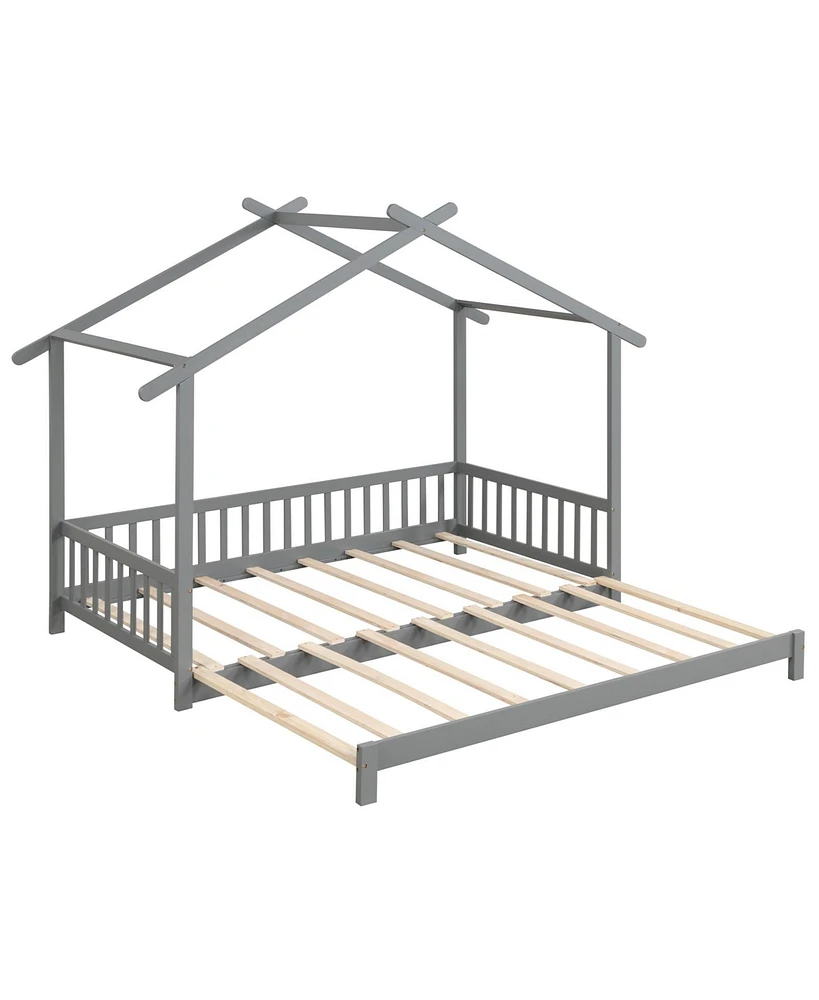 Extendable House Bed to King Daybed with Roof and Fence Rails