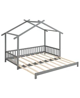 Extendable House Bed to King Daybed with Roof and Fence Rails