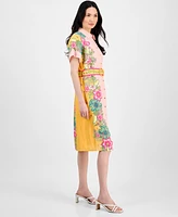 T Tahari Women's Printed Belted Button-Front Dress