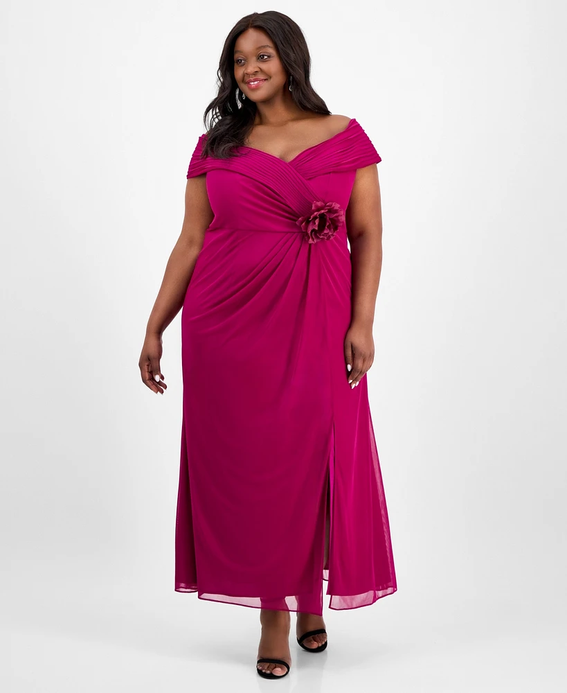 Alex Evenings Plus Rosette-Trim Slit-Front A-Line Dress
