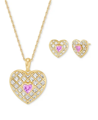Macy's Created Ruby or Pink Sapphire (1 ct. t.w.) Heart Stud Earrings & Pendant Necklace 14k Gold Over Sterling Silver, 16" + 2" extender