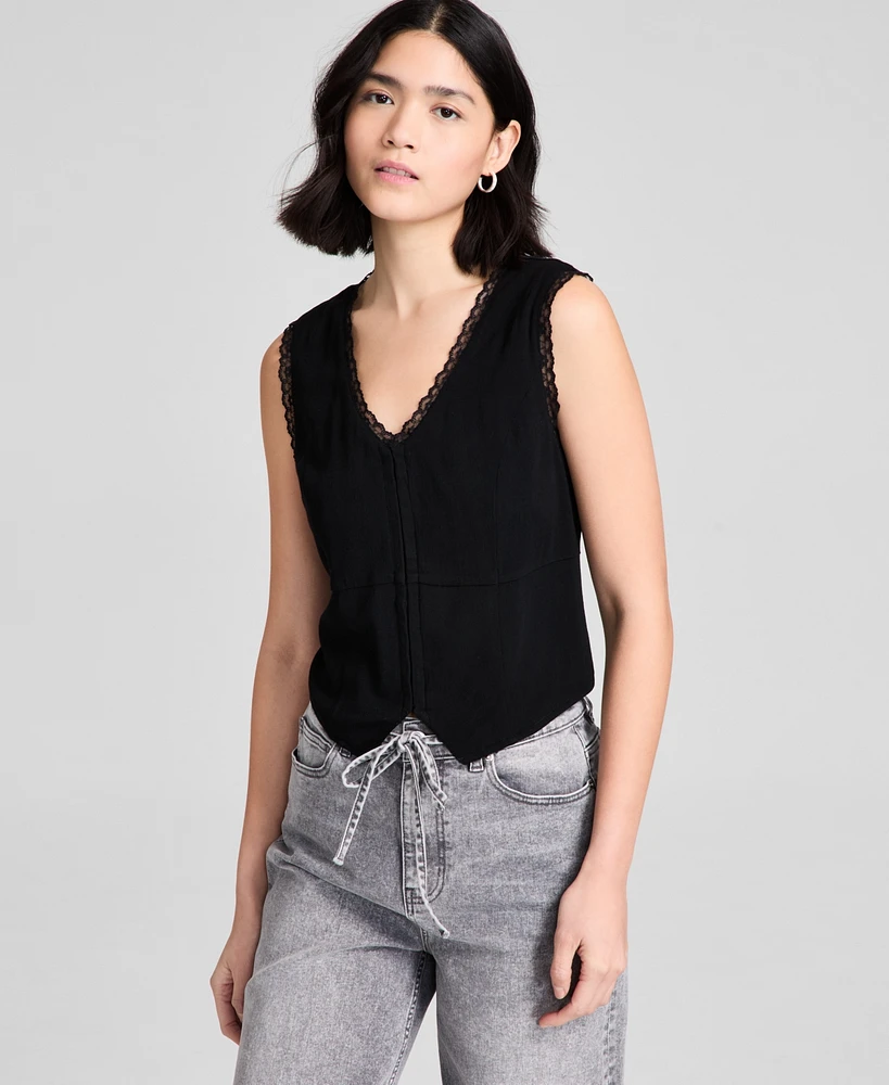 And Now This Women's Lace-Trim V-Neck Woven Vest, Regular & Petites, Exclusively at Macy's