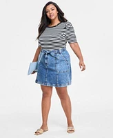 On 34th Trendy Plus Size Striped Puff Shoulder Top Denim Utility Mini Skirt Exclusively At Macys