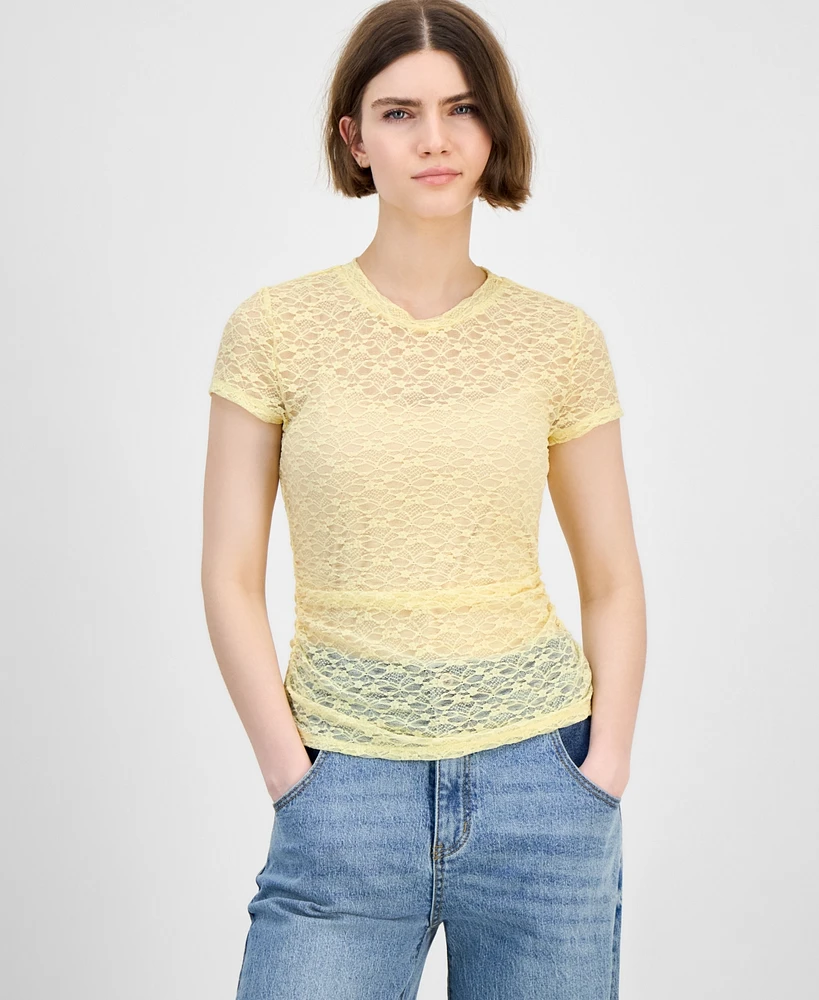 Bar Iii Women's Lace Short-Sleeve Crewneck Tee, Exclusively at Macy's