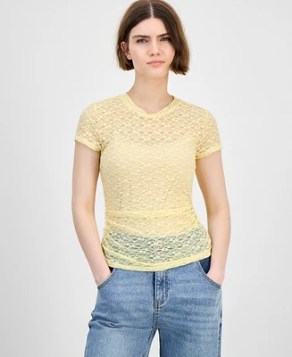Bar Iii Women's Lace Short-Sleeve Crewneck Tee, Exclusively at Macy's