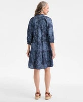 Style & Co Women's Floral Chambray 3/4-Sleeve Tiered Dress, Exclusively at Macy's
