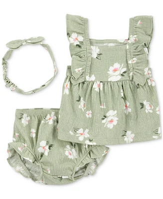 Carter's Baby Girls Floral-Print Gauze Headband, Top & Shorts, 3 Piece Set