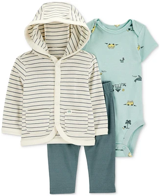 Carter's Baby Boys Cotton Striped Hooded Cardigan, Printed Bodysuit & Pants, 3 Piece Set