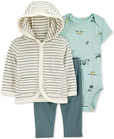 Carter's Baby Boys Cotton Striped Hooded Cardigan, Printed Bodysuit & Pants, 3 Piece Set