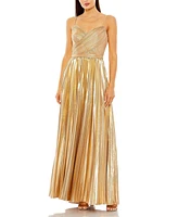 Women's Metallic Slim Strap Deep V Pleated Gown