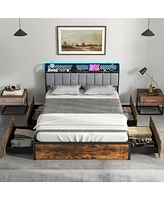 Bed Frame with Led Lights Upholstered Headboard 4 Storage Drawers