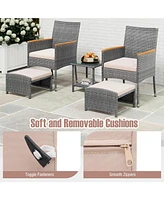 5 Pieces Patio Conversation Set with Soft Cushions and Ottomans-Beige