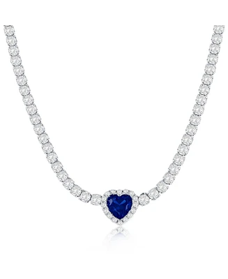 Sterling Silver, Sapphire Heart Cz Tennis Necklace