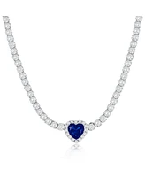 Sterling Silver, Sapphire Heart Cz Tennis Necklace