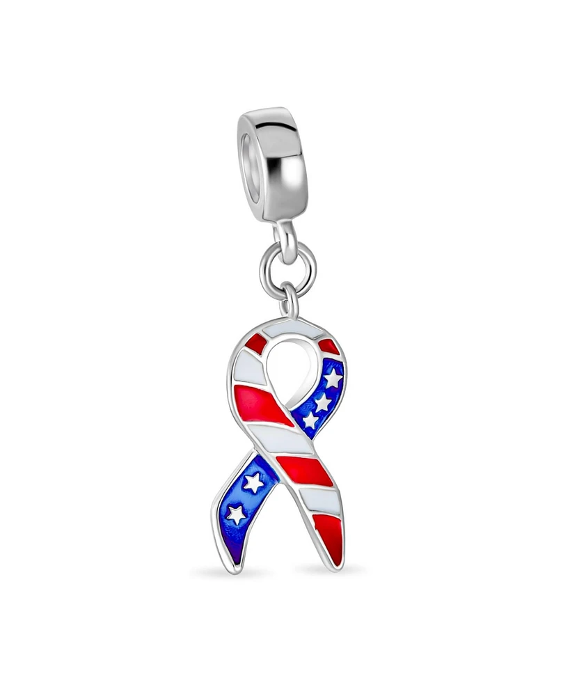 Bling Jewelry Patriotic Usa Flag Ribbon Dangle Charm Bead Enamel Silver for European Bracelet