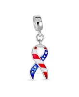 Bling Jewelry Patriotic Usa Flag Ribbon Dangle Charm Bead Enamel Silver for European Bracelet