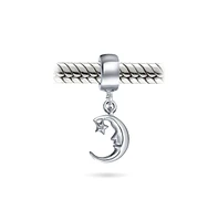 Bling Jewelry Starry Night Crescent Moon & Star Dangle Charm Bead Sterling Silver for Bracelet