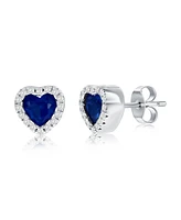 Sterling Silver, Sapphire Cz Heart Stud Earrings
